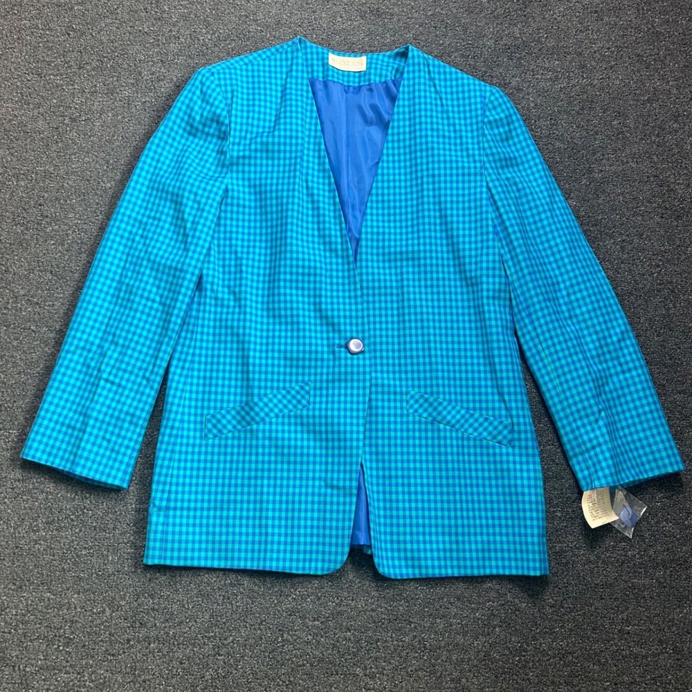 Pendleton Sophisticates Wool Blazer Blue Teal Gingham Check Womens 10 Collarless